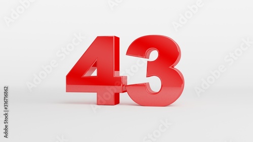 Number 43 in glossy red color on white background, isolated number, 3d render