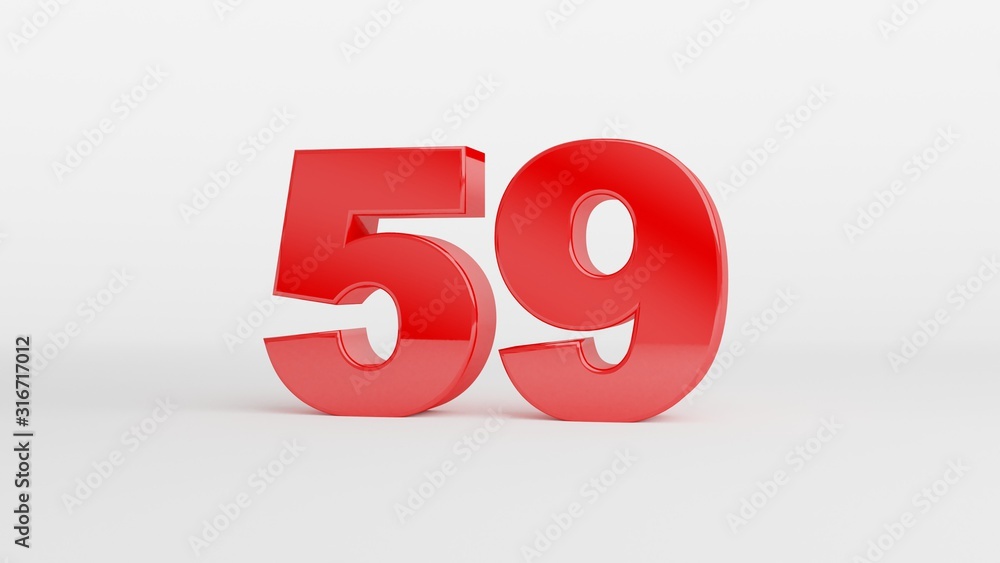 Number 59 in glossy red color on white background, isolated number, 3d render Number 59 in glossy red color on white background, isolated number, 3d render