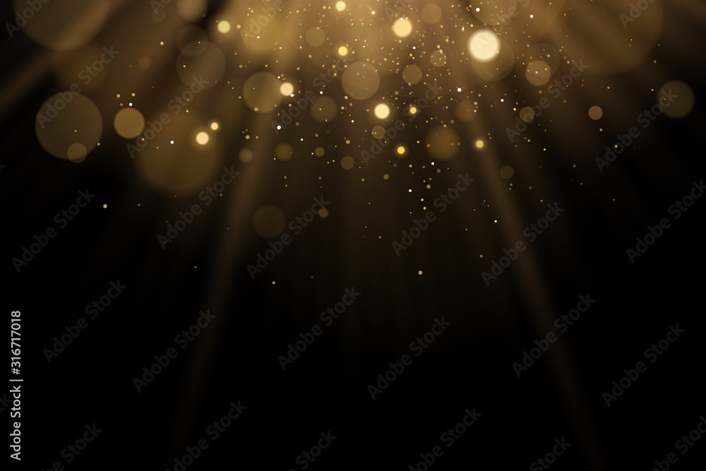 Golden flash of light with glares bokeh on a black background. Rays of light with glitter. Vector illustration - obrazy, fototapety, plakaty 