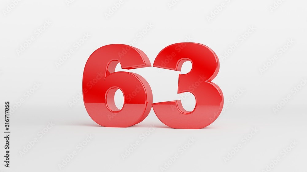 Number 63 in glossy red color on white background, isolated number, 3d ...
