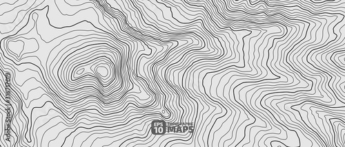 The stylized height of the topographic contour in lines and contours. The concept of a conditional geography scheme and the terrain path. Black on Gray. Ultra wide size. Vector illustration.