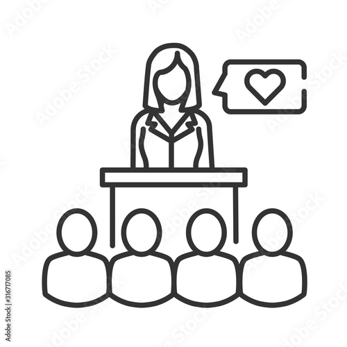 Volunteering coordinator black line icon. Non-profit organization. Volunteering training. Sign for web page, mobile app, banner, social media. Editatable stroke.