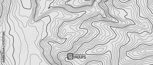 The stylized height of the topographic contour in lines and contours. The concept of a conditional geography scheme and the terrain path. Black on Gray. Ultra wide size. Vector illustration.