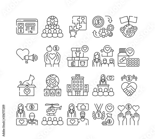 Volunteering black line icons set. Non profit community. Humanitarian aid. Signs for web page, mobile app, banner, social media. Editatable stroke.