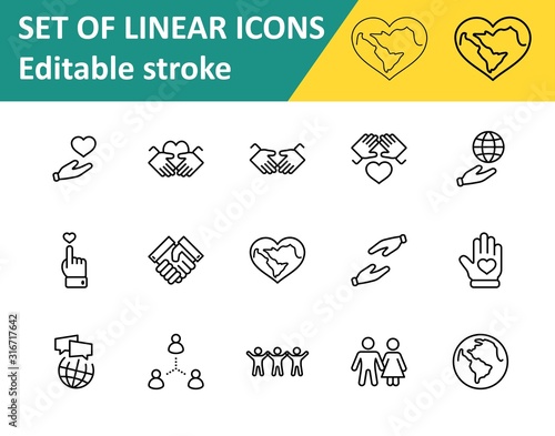 International Day of Human Solidarity Line Vector Icons Set. Contains such Icons as Handshake, Heart, planet Earth, helping Hand, People and more. Editable Stroke. 32x32 Pixels