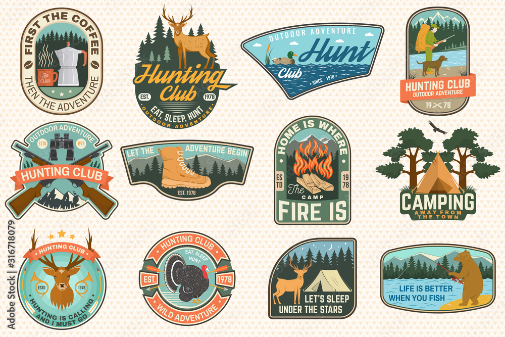 Set of outdoor adventure quotes and Hunting club patches. Vector. Concept for shirt, logo, print, patch. Patch design with hiking boots, mountains, fishing bear, deer, tent, hunter silhouette