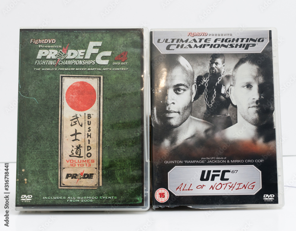 london, england, 05/05/2018, Mixed martial arts UFC mma vintage retro dvd  collection UFC 67 anderson silva, pride fc, rampage jackson, mirko cro cop  Stock Photo | Adobe Stock