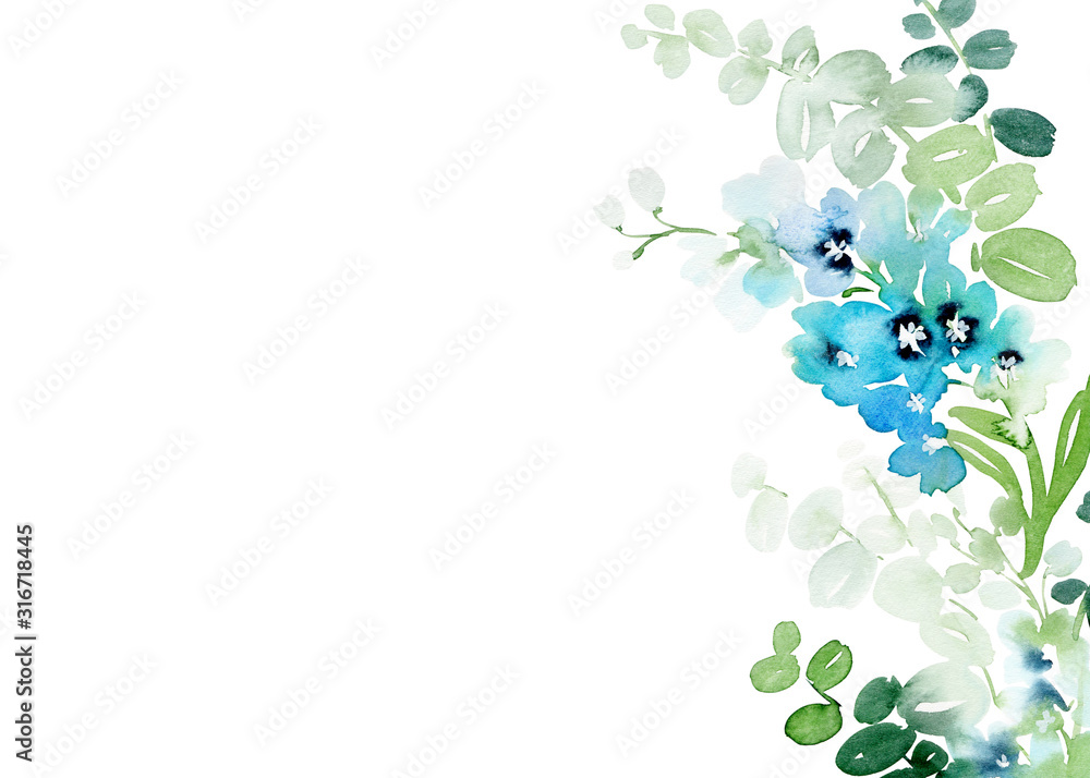 Gentle watercolor card in with blue spring flowers on a white background