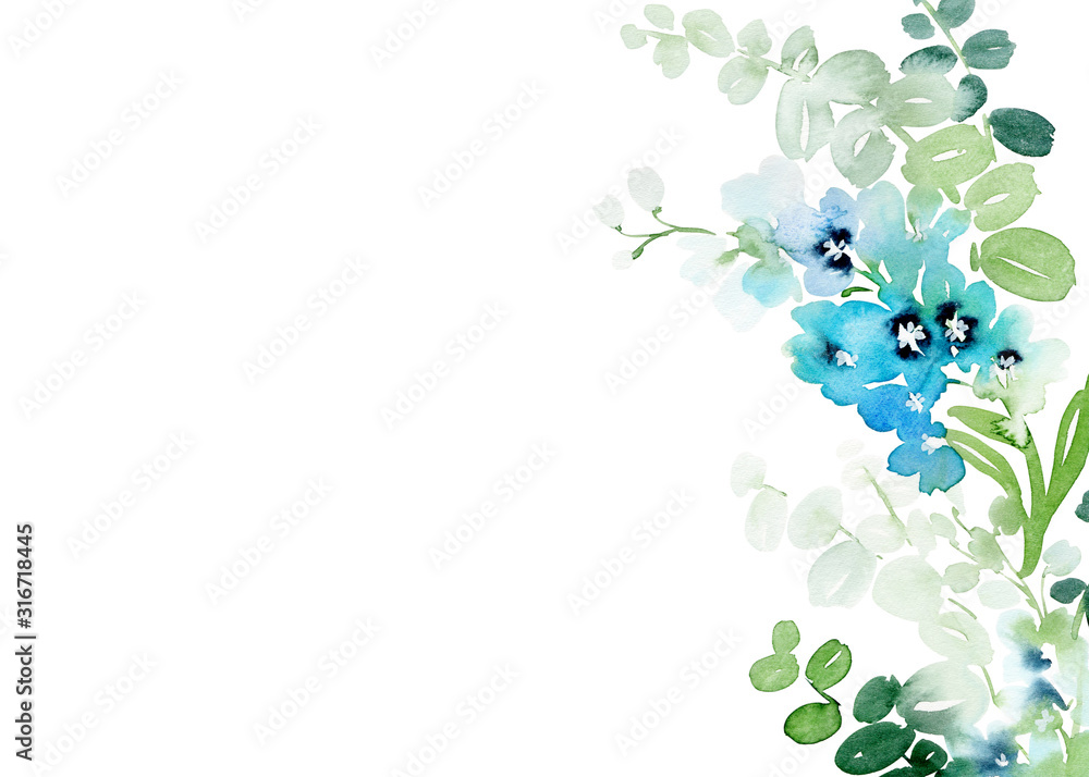 Gentle watercolor card in with blue spring flowers on a white background Gentle watercolor card in with blue spring flowers on a white background