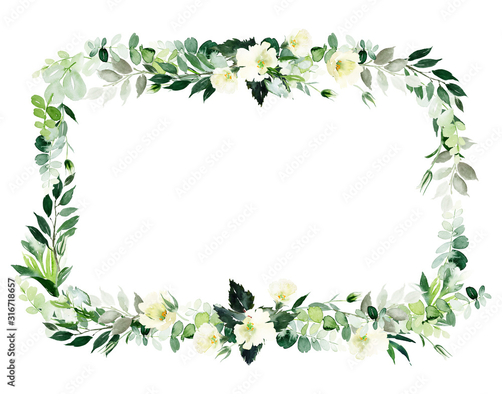 Wedding invitation, greeting card, watercolor painting with plant elements on a white background in modern style. Wedding invitation, greeting card, watercolor painting with plant elements on a white background in modern style.