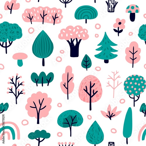 Woodland Seamless pattern. Cute Vector Illustration with different trees. Good for postcard, wallpaper, background, sites, print or embroidery.