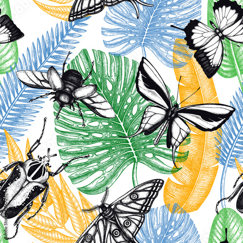 Tropical insects seamless pattern. Vector backdrop with hand drawn tropical plants,  palm leaves, insects. Vintage entomological background. Summer design with tropical palms leaves and insects.