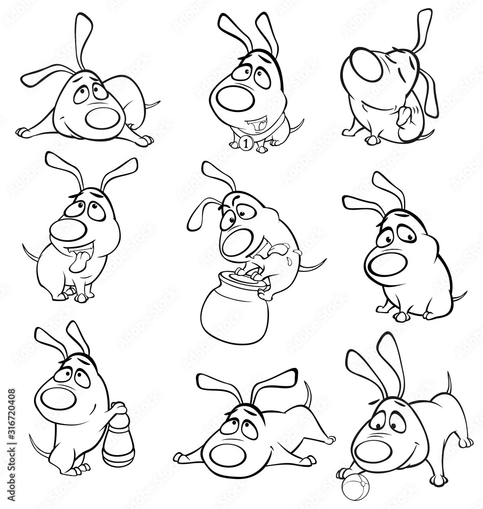 Vector Illustration of a Cute Cartoon Character Hunting Dog for you Design and Computer Game. Coloring Book Outline 