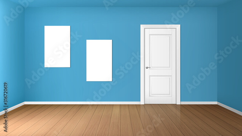Empty room with white closed door, wooden floor, blue walls and blank posters. Vector realistic modern interior of home hall, office or studio with white banners for pictures