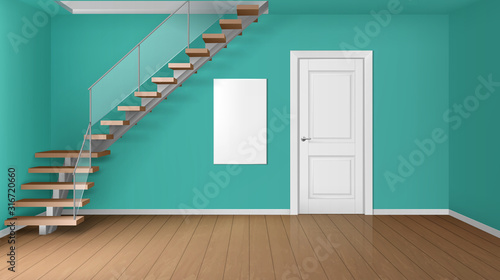 Empty room with staircase and white closed door. Vector realistic modern interior of home hallway, office or studio with wooden floor, green walls and blank posters