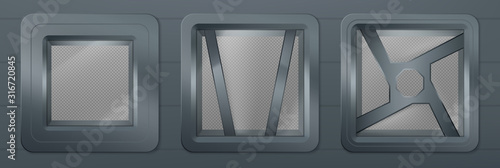 Porthole in spaceship, metal square windows in rocket. Vector realistic illustration of shuttle interior with transparent background behind glass illuminators