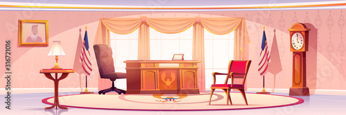 Oval office in White house. Vector cartoon empty interior of american presedent cabinet with vintage furniture, desk and leather chair, retro wooden clock, flag of USA and portrait on wall