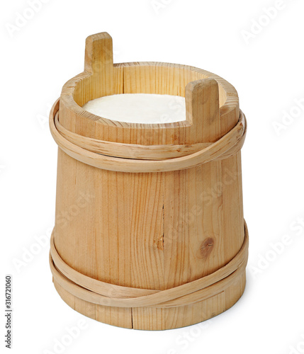Traditional wooden Milk Pail against a white background