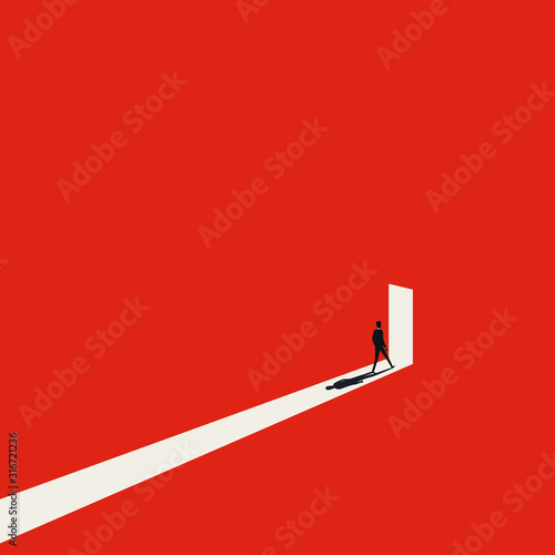 Business opportunity or career success vector concept with man walking into door with light. Symbol of courage, ambition