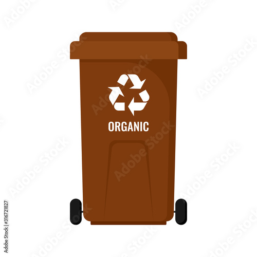 Brown trash can on wheels for separate sorting of organic waste, Zero waste concept stock vector illustration on a white background. 