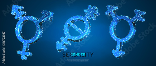 Pangender, Bisexual, Transgender symbol set. Low poly, wireframe, digital 3d vector illustration. Men and women sexuality concept on blue neon background. Abstract polygonal LGBT sign