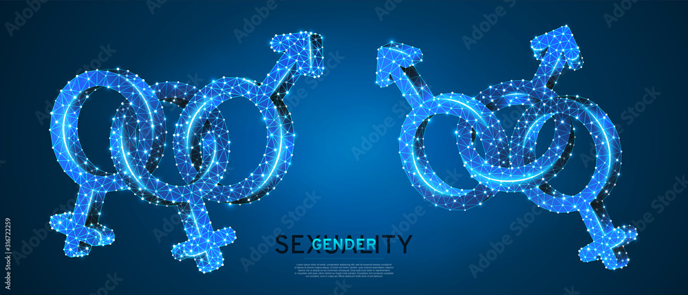 Bisexual pride, gender symbol set. Low poly, wireframe, digital 3d vector illustration. Men and women bisexuality concept on blue neon background. Abstract polygonal LGBT sign