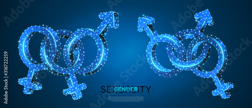 Bisexual pride, gender symbol set. Low poly, wireframe, digital 3d vector illustration. Men and women bisexuality concept on blue neon background. Abstract polygonal LGBT sign