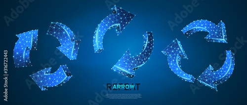 Refresh circular arrows symbol set. Low poly, wireframe, digital 3d vector illustration. Repeat, refresh button concept on blue neon background. Abstract polygonal neon sign
