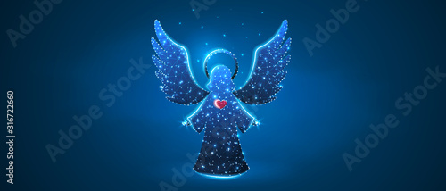 Christmas Angel with red heart holding stars. Low poly, wireframe, digital 3d vector illustration. Holiday eve, baby angel concept on blue neon background. Abstract polygonal image