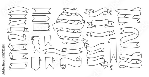Hand drawn outline banner vector set. Collection of elegant hand drawn black contour banners with curved shapes and swirl ribbons isolated on white background for retro style design templates