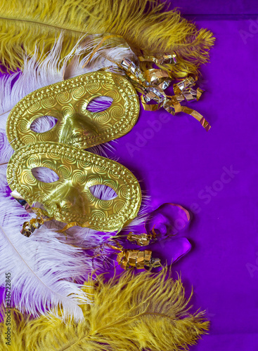 Fototapeta Naklejka Na Ścianę i Meble -  vertical carnival background with masks and feathers and purple background