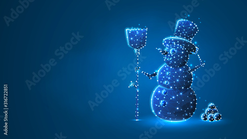 Snowman with a broom silhouette. Low poly, wireframe, digital 3d vector illustration. Wintertime, snow days, winter fun concept on blue neon background. Abstract polygonal image