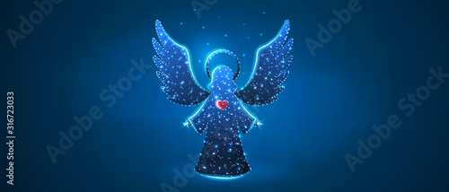 Christmas Angel with red heart holding stars. Low poly, wireframe digital 3d Raster illustration. Holiday eve, baby angel concept on blue neon background. Abstract polygonal image