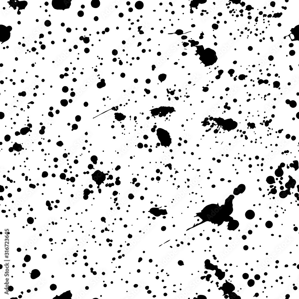 Ink splashes seamless pattern. Black and white spray texture