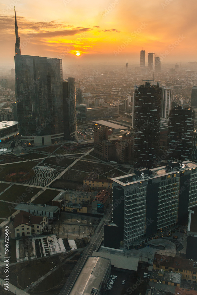 Milan aerial view at sunset of the Porta Nuova District