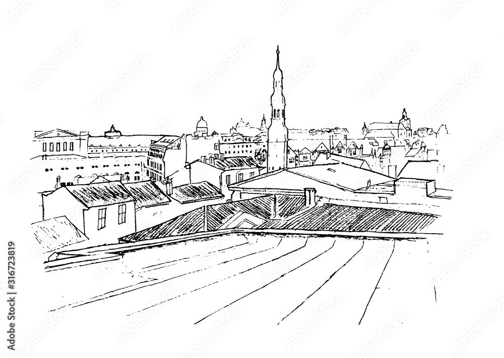 drawing view of the roofs, the old city.the sketch is black and white.vector image. drawing view of the roofs, the old city.the sketch is black and white.vector image.