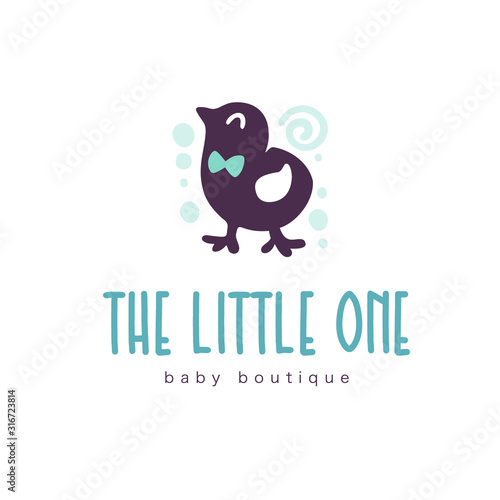 Logo design for kid toys store, market, boutique with cute little boy chicken character silhouette isolated on white background. Baby accessories boutique emblem design. Vector flat illustration.