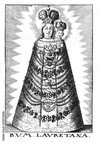 Antique vintage religious allegorical engraving or drawing of Christian blessed virgin Mary of Loreto with baby Jesus. Text say B.V.M Lauretana.Illustration from Book Die Betrubte Und noch Ihrem photo