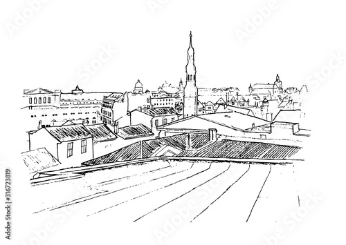 drawing view of the roofs, the old city.the sketch is black and white.vector image.