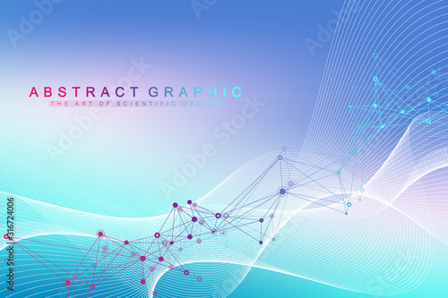 Big Genomic Data Visualization. DNA helix, DNA strand, DNA Test. CRISPR CAS9 - Genetic engineering. Molecule or atom, neurons. Abstract structure for Science or medical background, banner. Wave flow.