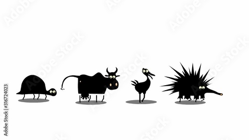 Set of funny walking cartoon animals (seamless loop animation)