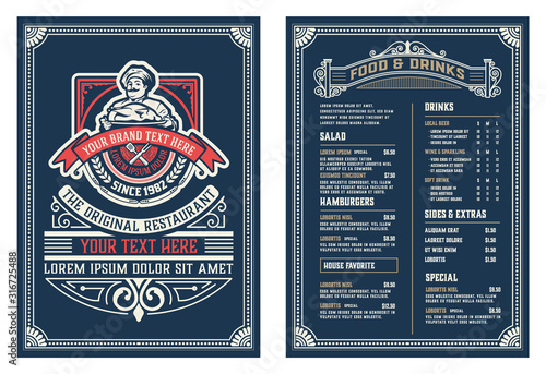 Antique  template for  restaurant menu design with Chef illustration. Vector layered.