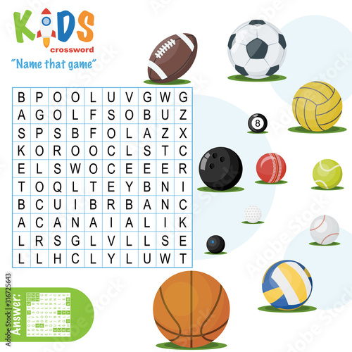 Easy crossword puzzle 'Name that game', for children in elementary and middle school. Fun way to practice language comprehension and expand vocabulary. Includes answers.