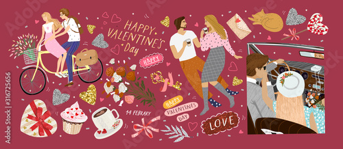 Happy Valentine's day! Vector illustration for the holiday of love - February 14th. Drawings of a couple at home, newlyweds in a retro car and lovers on a bicycle 
