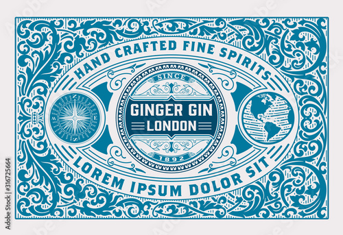Luxury label for gin liquor packing with vintage ornaments