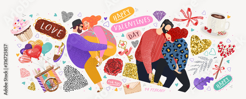 Happy Valentine's Day! Vector cute illustrations of a couple in love for background, card or poster. Abstract trendy modern print and objects for the holiday.