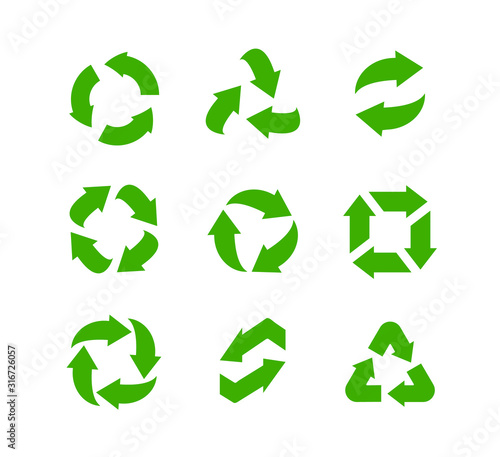 Recycle vector icons set, green arrows green safe emblem template for packaging of environmentally friendly products
