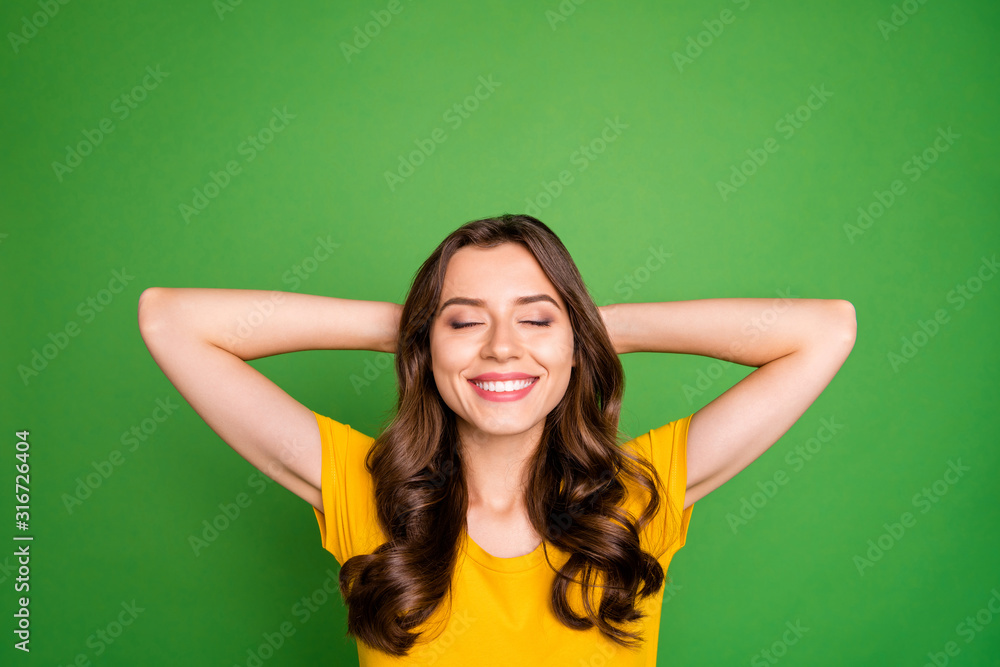 Close-up portrait of her she nice attractive lovely cheerful cheery dreamy wavy-haired girl having relaxation time isolated over bright vivid shine vibrant green color background Close-up portrait of her she nice attractive lovely cheerful cheery dreamy wavy-haired girl having relaxation time isolated over bright vivid shine vibrant green color background