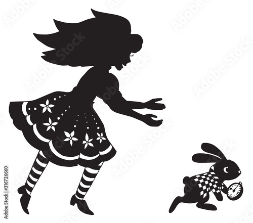the silhouette of Alice and the rabbit