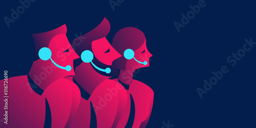 Call center, helpdesk business concept in red and blue neon gradients